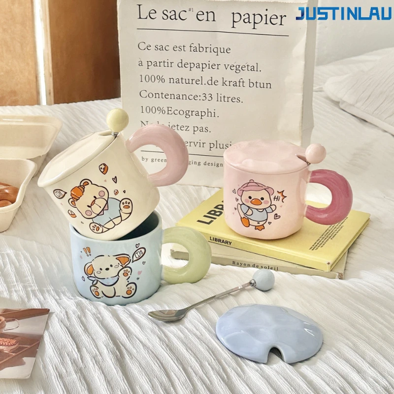 JUSTINLAU Bürotasse mit Deckel und Löffel Hochwertige Keramiktasse Geeignet für Mädchen Große Kapazität Trinkbecher Keramikbecher