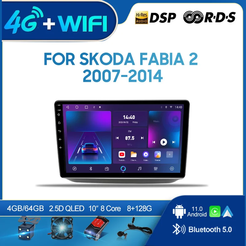 

QSZN для Skoda Fabia 2 2007-2014 10-дюймовый 2din Android 12,0 Автомобильный радиоприемник Мультимедийный видеоплеер GPS-навигация 4G Carplay головное устройство