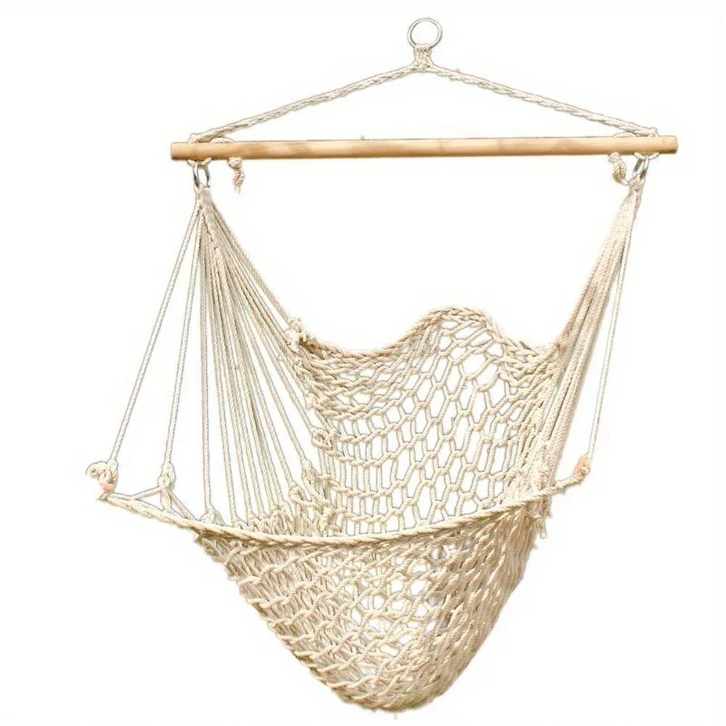 

Hammock Cotton Swing Camping Hanging Rope Chair Wooden Beige White Outdoor Patio