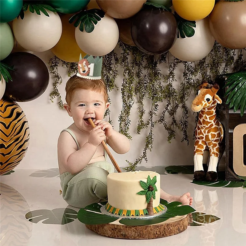 ABCL 1 anno per bambini, avocado, leone verde, corona di compleanno, prima festa per bambini, safari bianco non tessuto