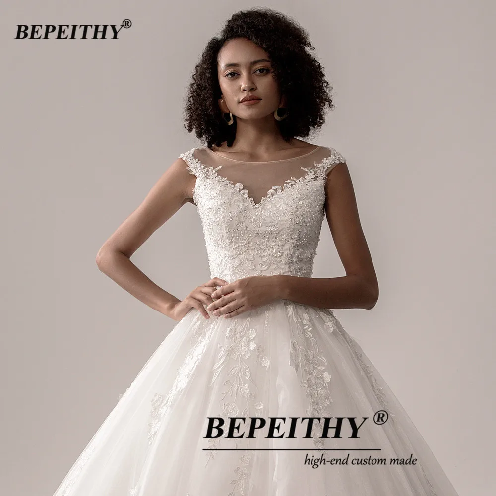 BEPEITHY – robe de mariée de forme trapèze, en dentelle, grande taille, sans manches, avec traîne, pour femmes