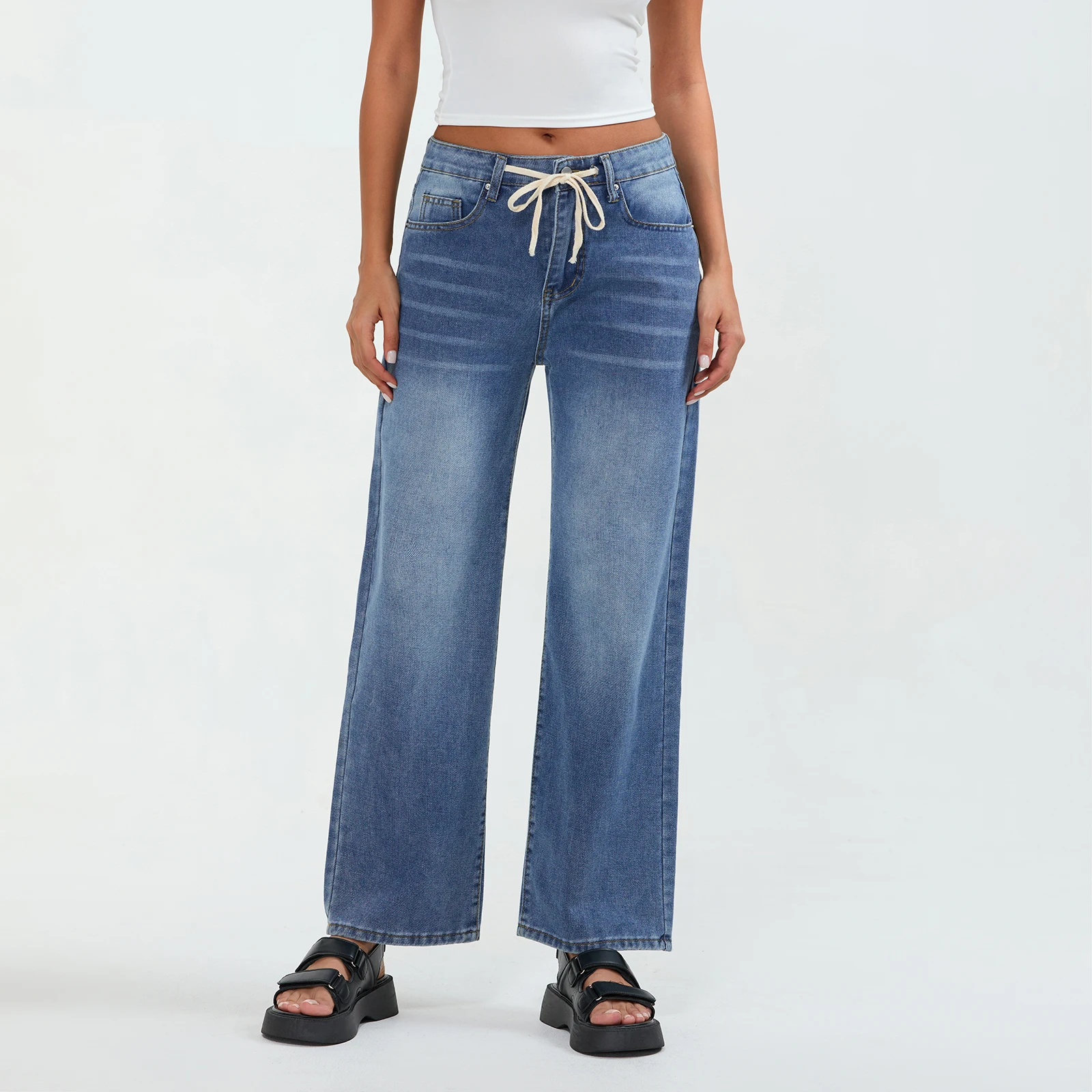 Wstring FJJ-Pantalon en denim à jambes larges pour femme, couleur unie, avec poches, streetwear, printemps été