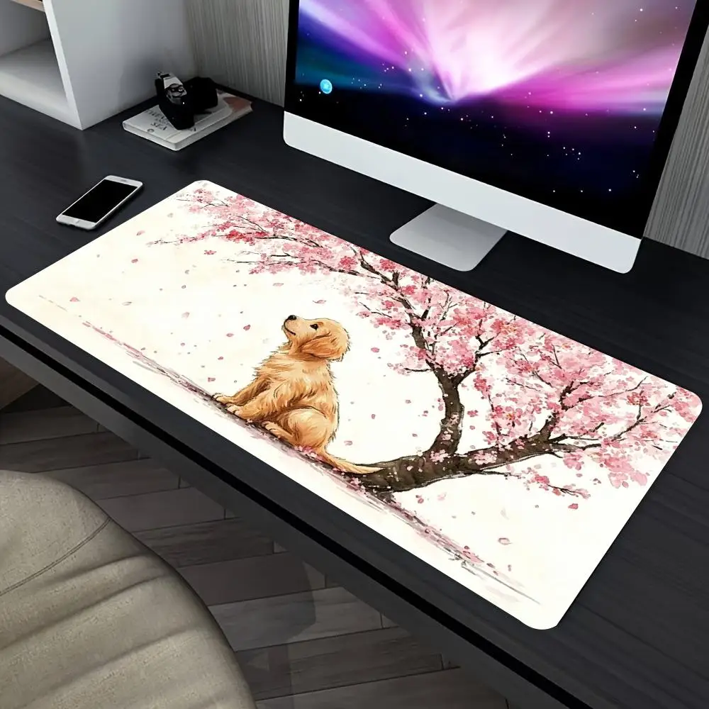 Cherry Blossom Puppy Extended Gaming Mouse Pad Non‑Slip Desk Surface Sakura Golden Retriever Art Print For Gaming And Office