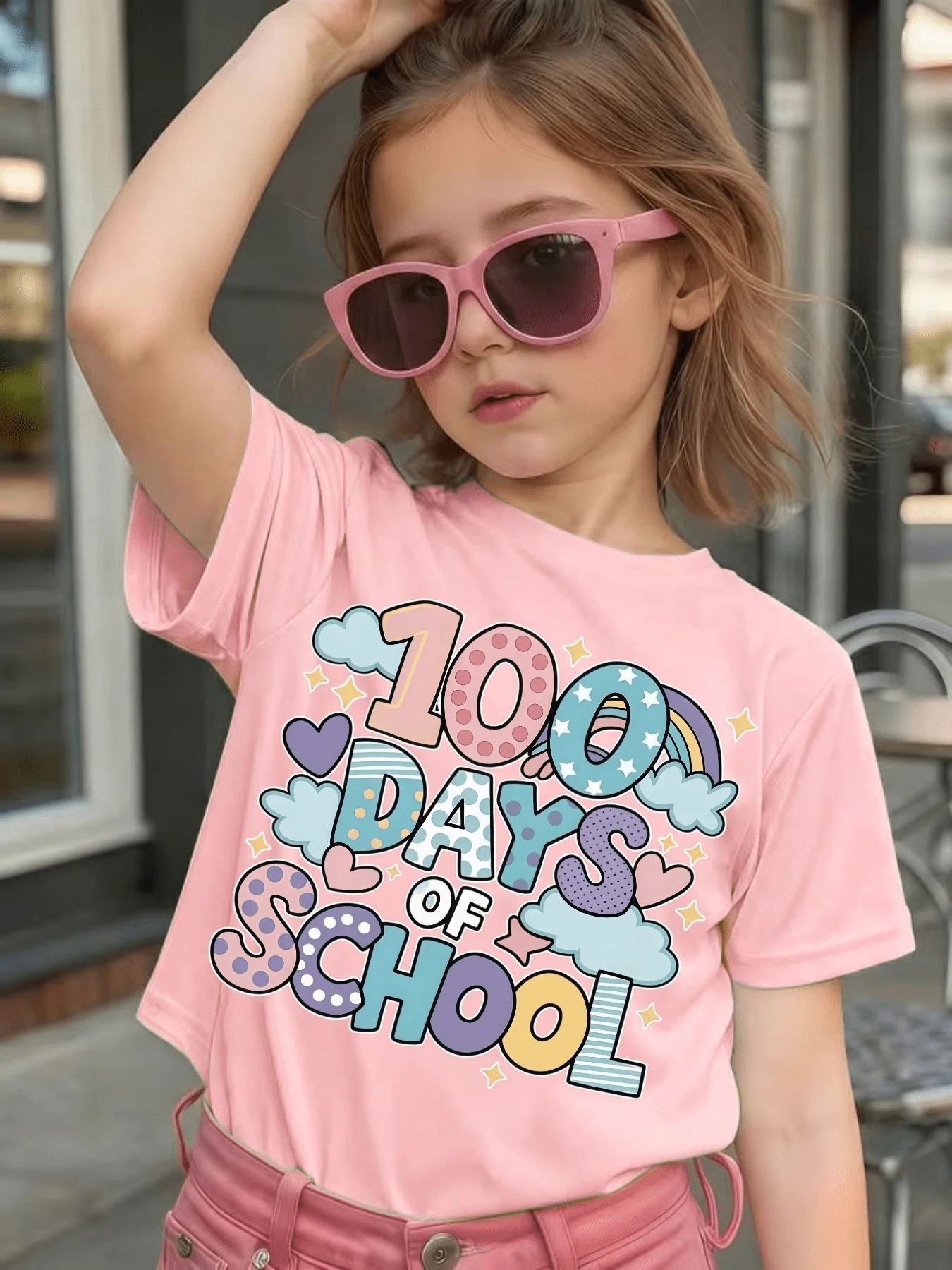 Child Parent Tee 100 Days Of School Rainbow Cloud Heart Star Print Boys Girls Soft Short Sleeve Back To School Daily Casual Tops