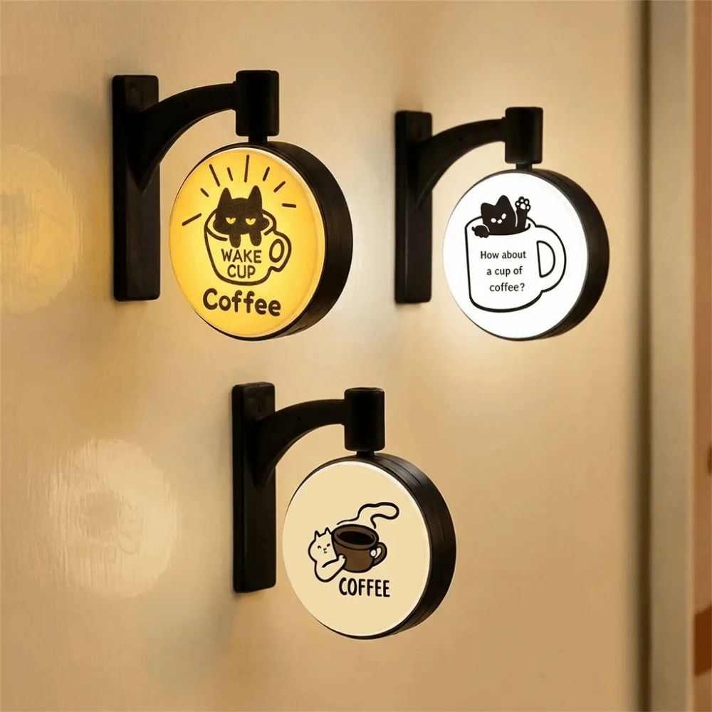 Rotatable Cat Fridge Magnet Light Up Cute Light Sign Cat Coffee Theme Creative Cat Coffee Light Sign Refrigerator Decoration