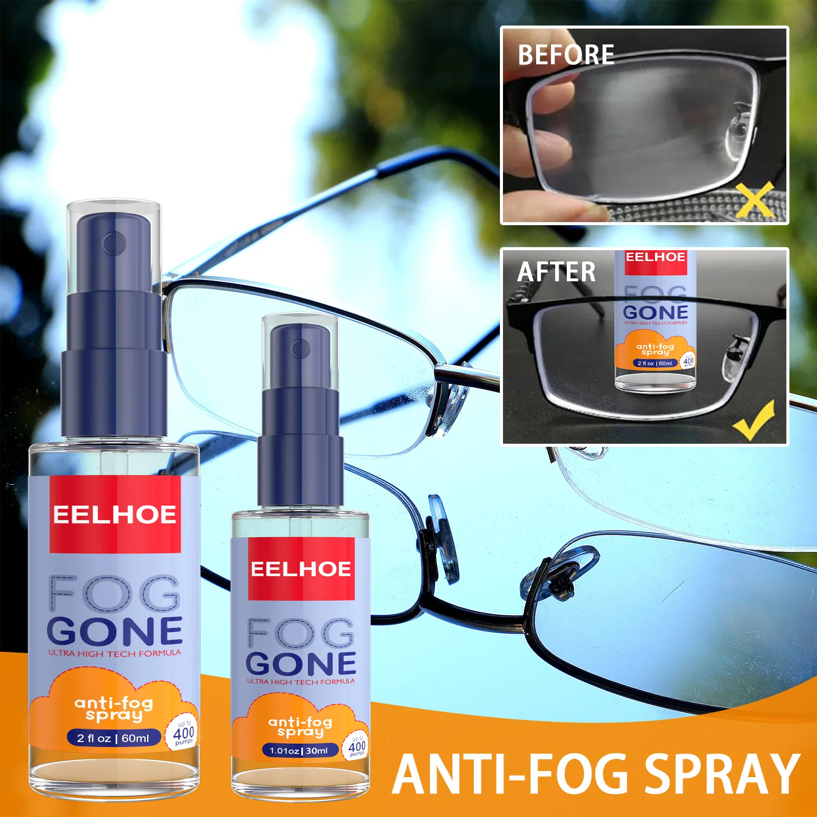 Anti-fog Glass Spray para janela do carro, espelho retrovisor, revestimento nano, anti-embaçamento, lente de óculos, 60ml