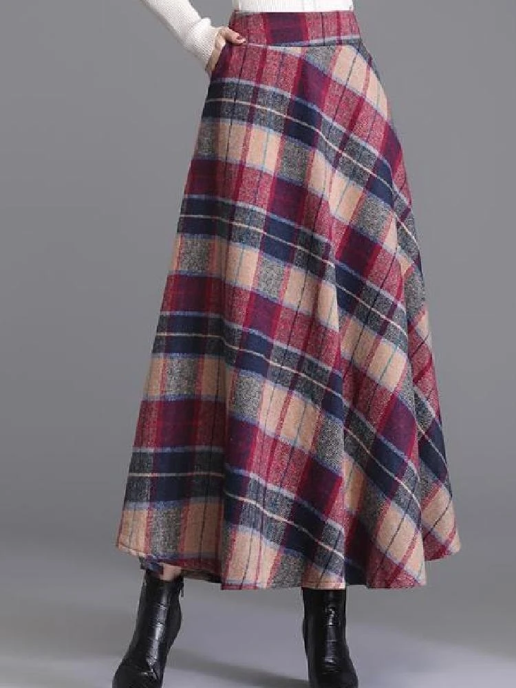 

Plus Size Autumn Winter Woolen Knee-Length A-Line Skirt Women's Versatile Slimming Midi Skirt Casual High Waist Plaid f-Lengt...