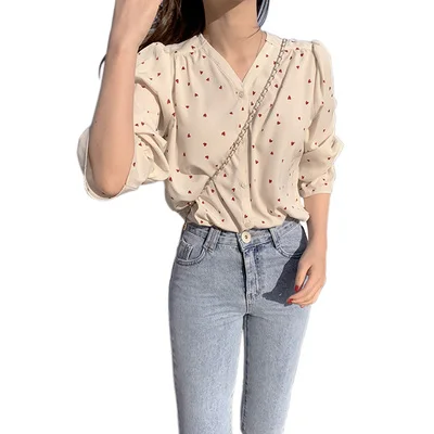 Elegancki bluzka damska z dekoltem w serek, długi rękaw, kwiatowy wzór, szyfon, styl koreański, retro, inspirowana stylem Hong Kongu, oryginalny projekt, modny top.