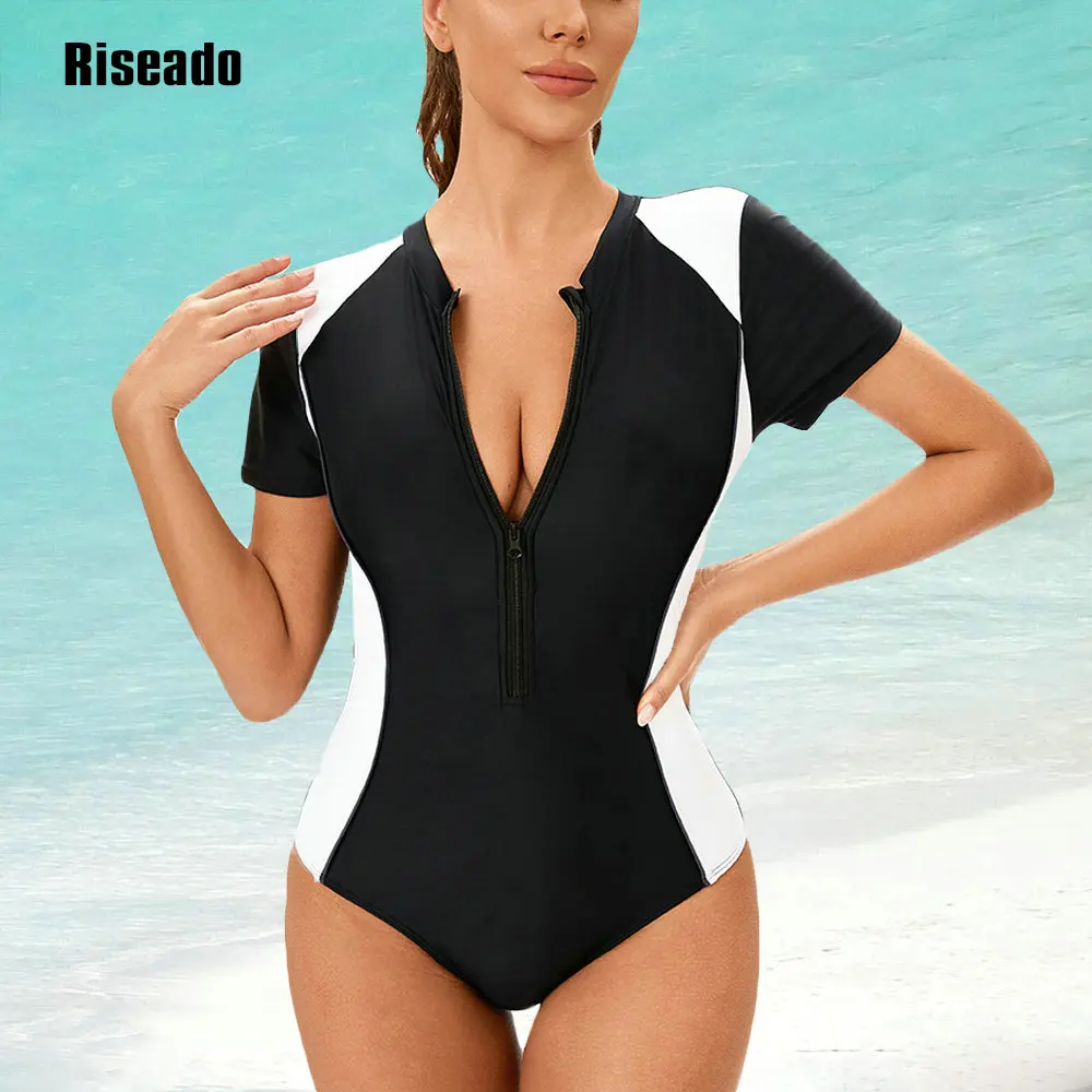 

Riseado 2025 New Retro One Piece Swimsuit for Women Mock Neck Zipper Short Sleeve Bathing Suit