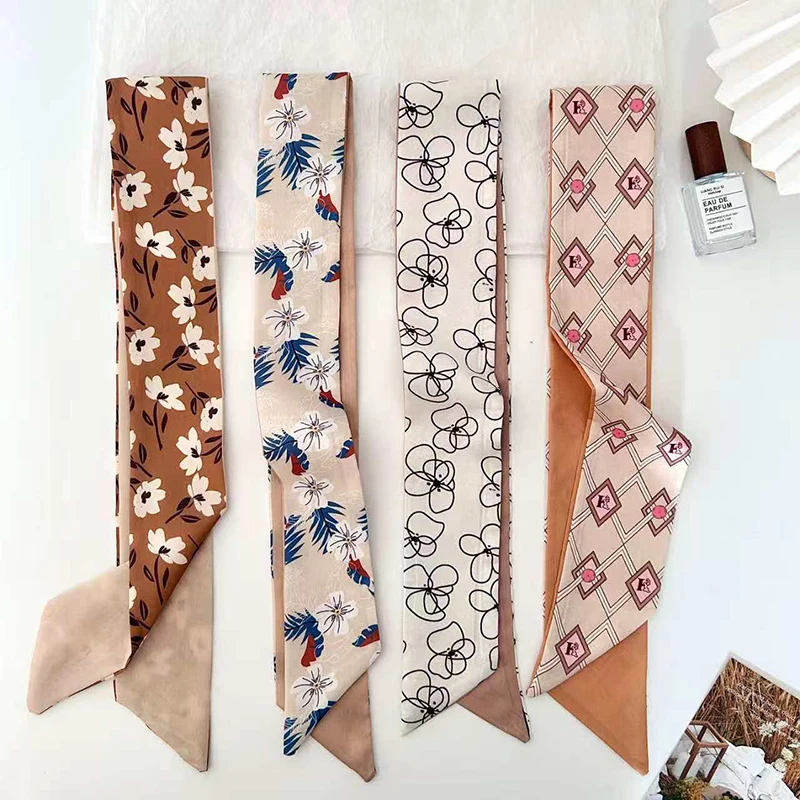 Luxury Brand Model Small Silk Scarf Women Flowers Pattern Hair Bag Handbag Handle Ribbon Scarf Band Neck Scarves Headband