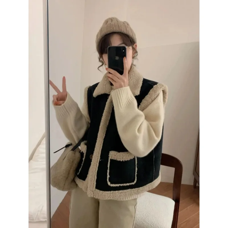 Kontrastfarbe Damen Herbst und Winter Knopf Strickjacke Weste ärmellose Weste Jacke Damen Casual Top