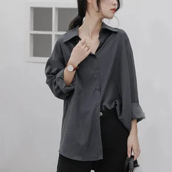 Gidyq Women Chiffon Shirts Fashion Streetwear Female Loose Long Sleeve Shirts Y2K Korean Casual All Match Gray Blouse