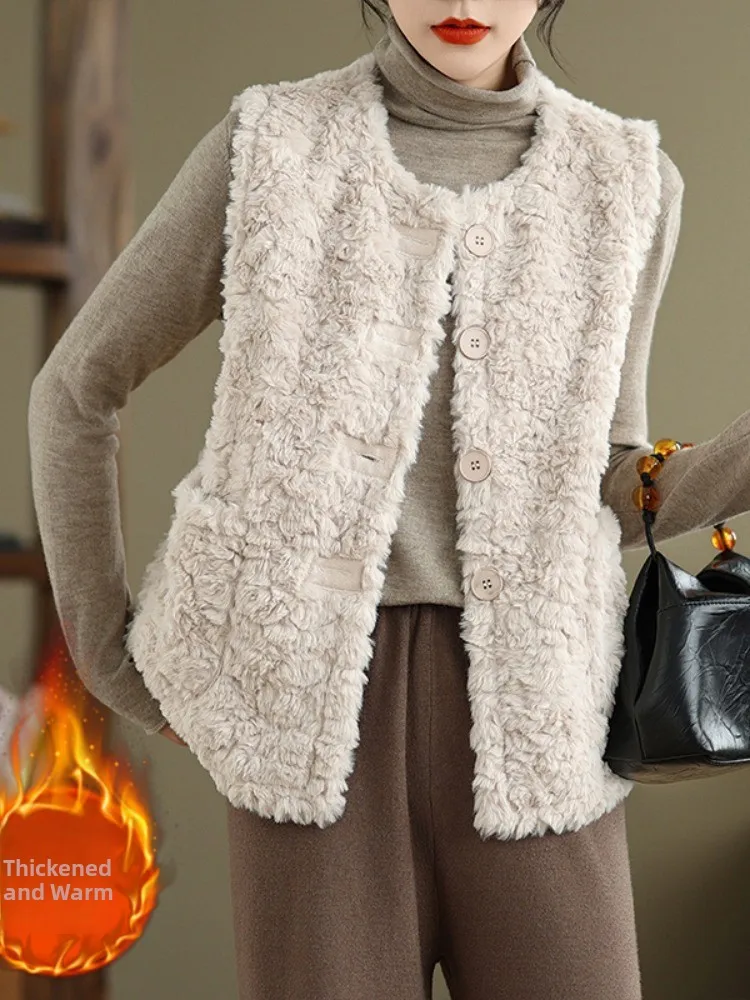 

Retro Large Size Lamb Fur Vest Women's Autumn Winter round Ne Layering Warm Slimming Top Thiened Warm Outerwear