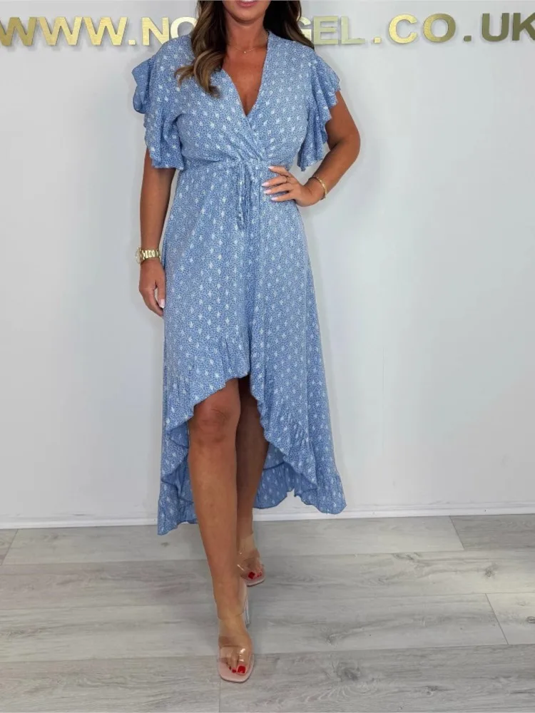 

Fashion Print Loose Dress For Women Elegant Ruffles Short Sleeve V Neck Dresses Robe Femme Casual Holiday Womens Clothing Summer