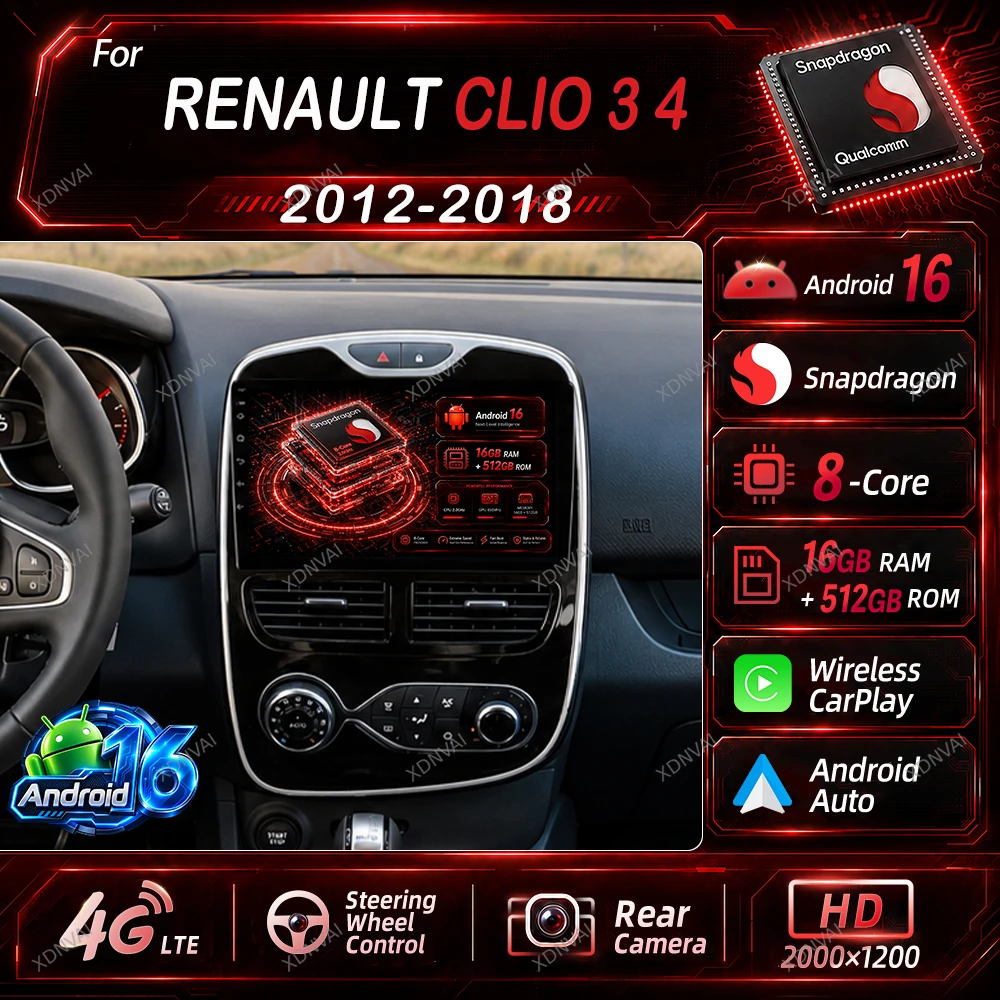 Android 16 Car Radio For Renault Clio 3 4 2012 2013 2015 - 2018 Video Player Multimedia Head Unit 4G LTE Autoradio BT GPS Stereo