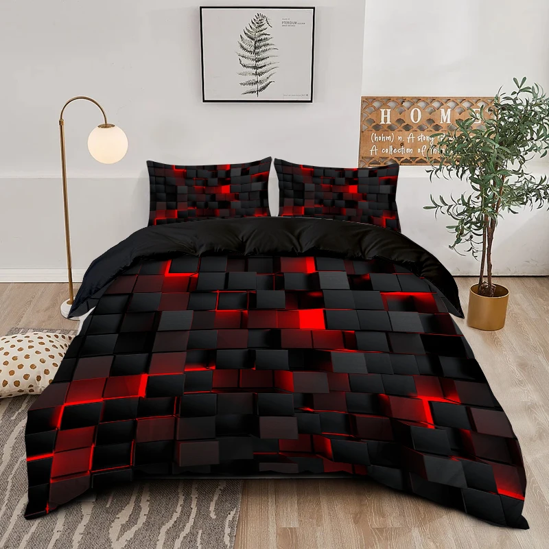 3PC Red Haig Kit, Double Grid Pattern, High Definition Digital Printing (Duvet Cover*1+Pillowcase*2)