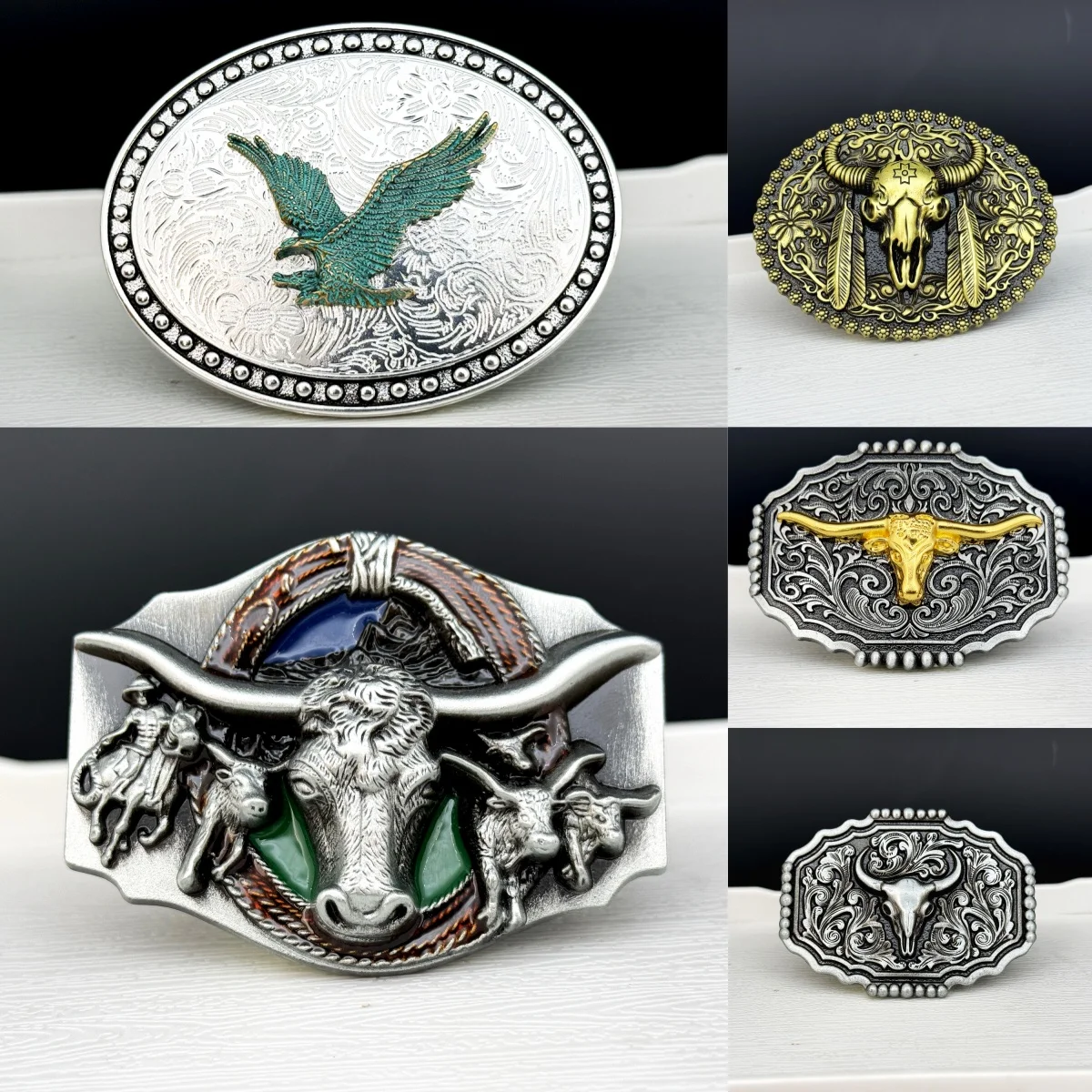 1pc Western Vintage Distressed Belt Buckle - Smooth Exquisite Carving with Bull & Flying Eagle Novelty Pattern