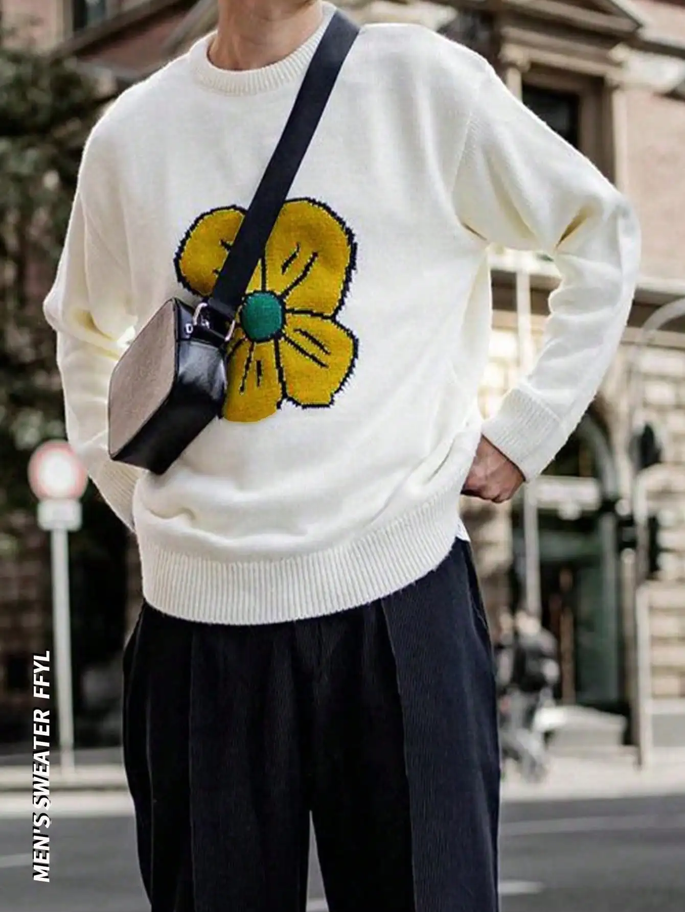 Autumn and Winter Warm Style European and American Loose Casual Street Style Unisex Men's and Women's Knitted Niche Design Long-Sleeve Drop-Shoulder Simple Floral Round-Neck Sweater Knit Top