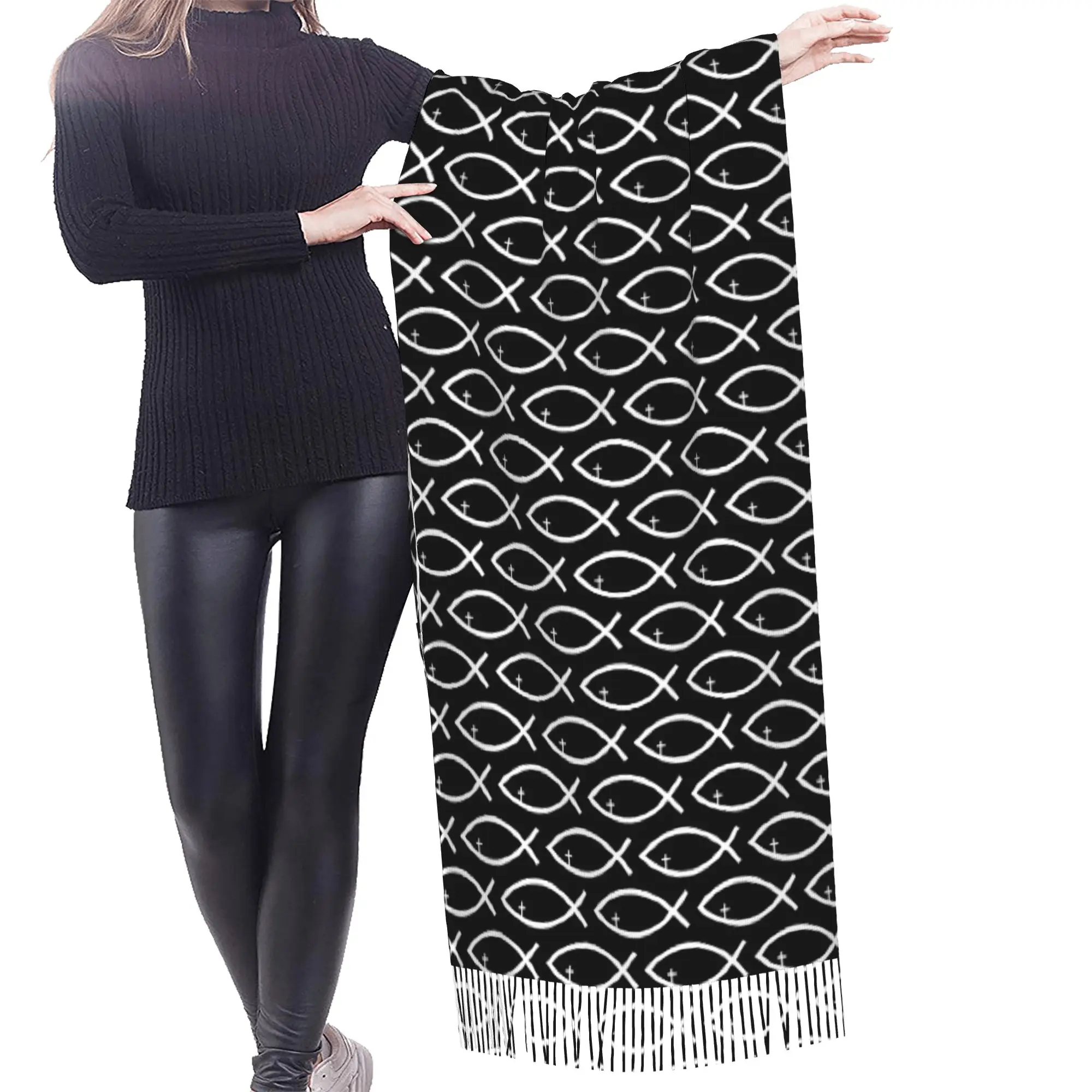Custom Jesus Fish Cross Christ Symbol Religious Tassel Scarf Women Soft  Shawls Wraps Lady Winter Scarves