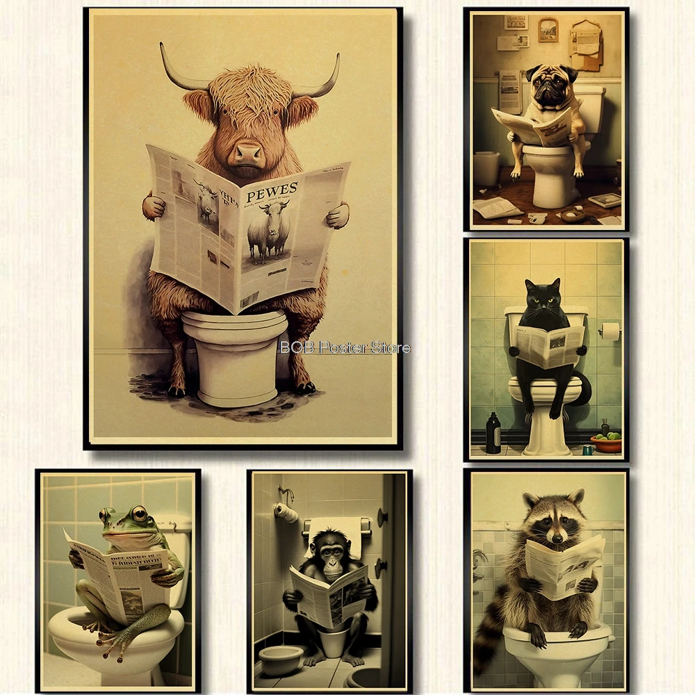 Dieren Badkamer Toilet Grappige Poster Kraft Papier Kat Kikker Kunst Home Decor Foto Diy Toilet Kamer Schilderij Muursticker Cadeau