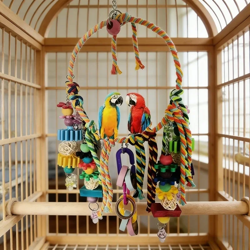 

Birds Parrot Bite Toys Hanging Swing Colorful Cotton Rope Circle Pendant Chewing Toy Bird Cage Room Decor Pet Bird Accessories