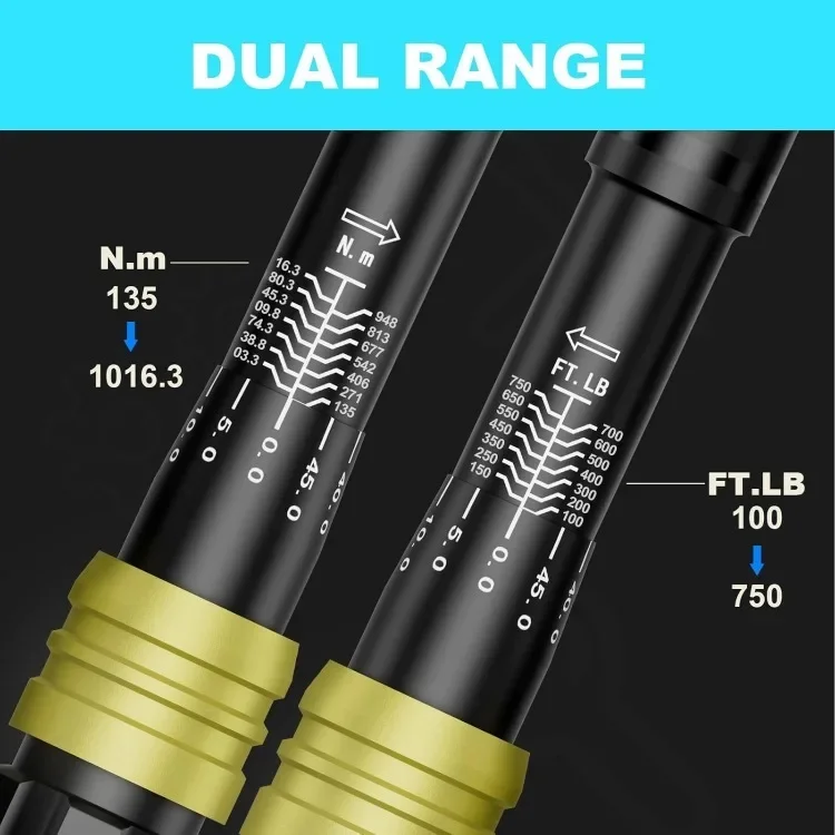 3/4-Inch Drive Click Torque Wrench, 100-750Ft-Lb/135.5-1016.3Nm, Dual-Direction Torque Wrench, 48-Tooth Dual Range Scales