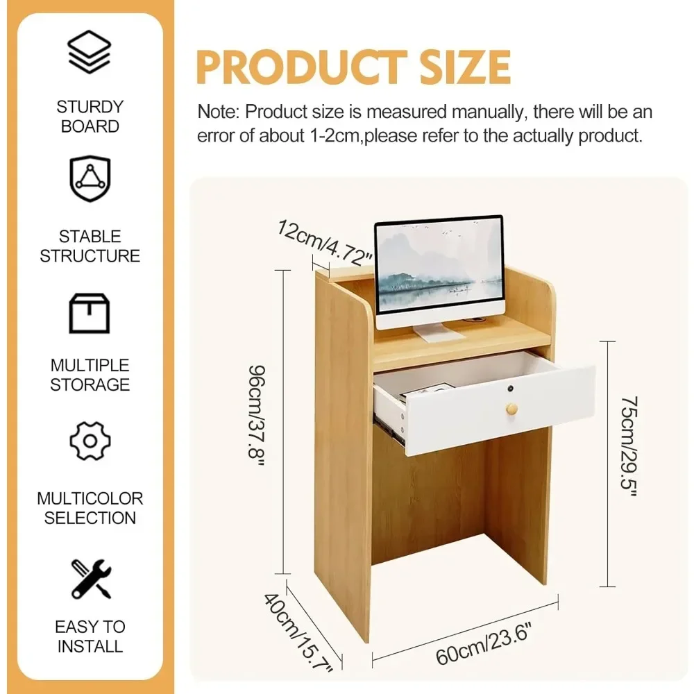 Reception Desk, Gold Front Desk Reception Counter With LED Lights, Checkout Counter Portable Podium Stand Creative Grille Wood