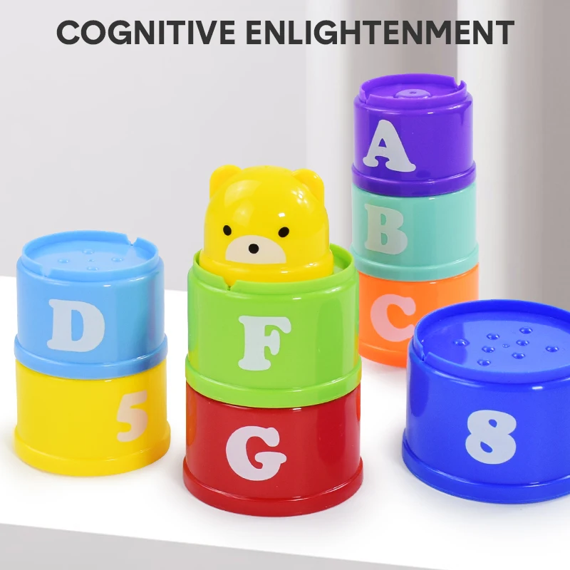 9pcs/set Kids Stacking Cups Toys Early Educational Figures Letters Folding Stack Cup Tower for Baby Fine Motor Skills Toy Gifts