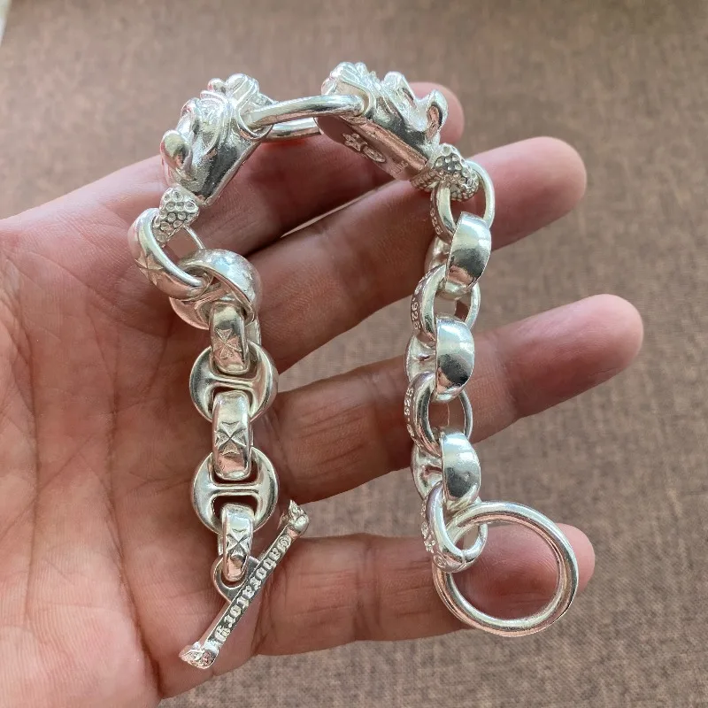 Retro Embossed Link Bracelet White Copper Double Animal Head Unisex Ethnic Streetwear Bangle Jewelry