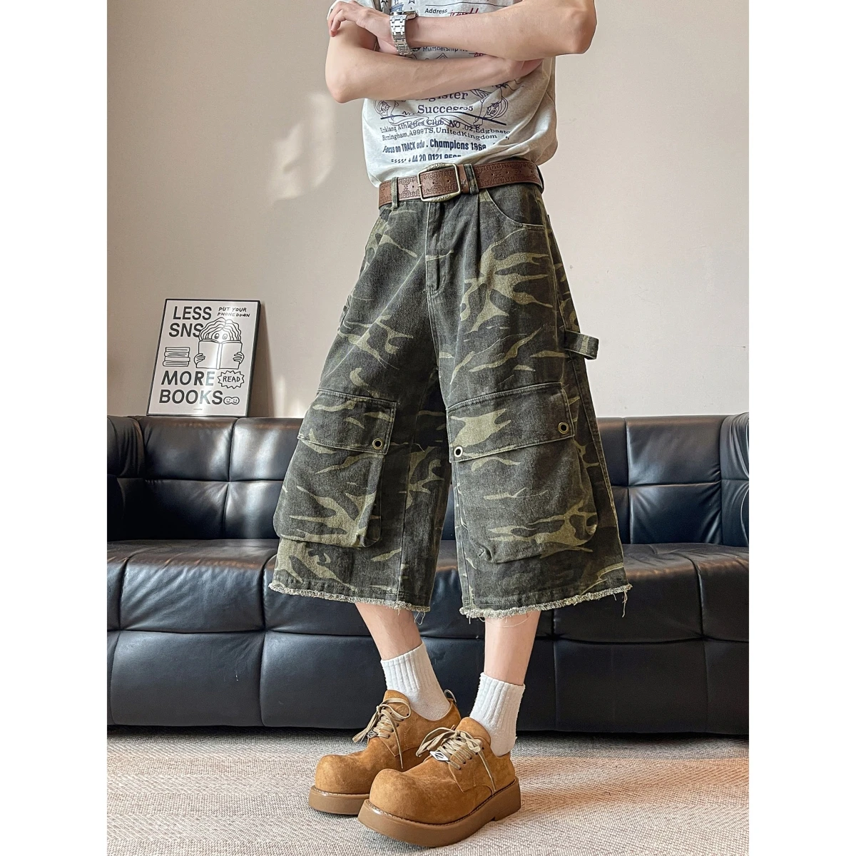

American Retro Workwear orts Men's Wide Leg Casual Couple's Seven-Foot Jeans Cotton Elastic Denim Multi-ket Vintage Sle