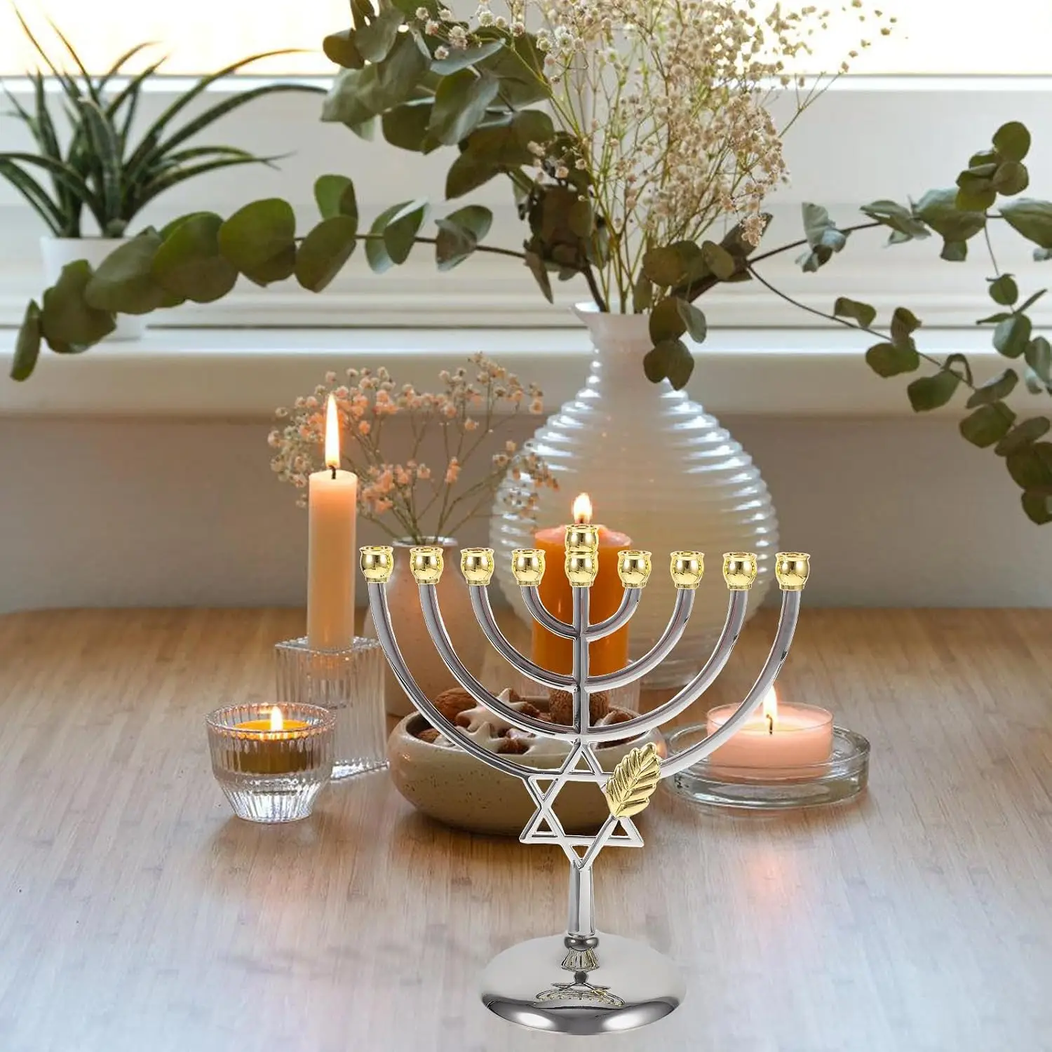 Candelabro de Hanukkah de 9 ramas, menorah de metal, candelabro judío con estrella de David, centro de mesa, adornos para el hogar, regalo