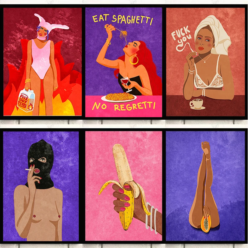Colorful Raissa Sexy Woman Canvas Painting My Body Banana Wine Fruit Poster Print Wall Art Picture Boho Girl Room Home Decor