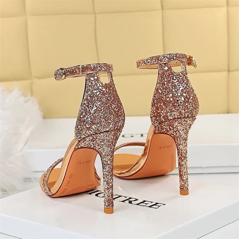 Women Summer Open Toe High Heels One Word Belt Sandals  Silver Bling Sequins Ankle Wedding Event Party Sparkly Shoes