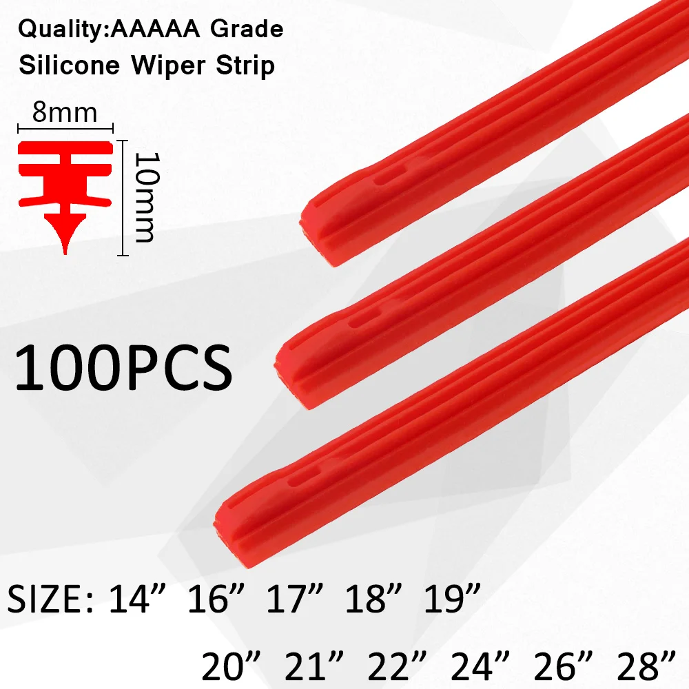 100pcs Car Wiper Blade Windscreen Vehicle Insert Red silicagel Strip Refill 8mm Soft14