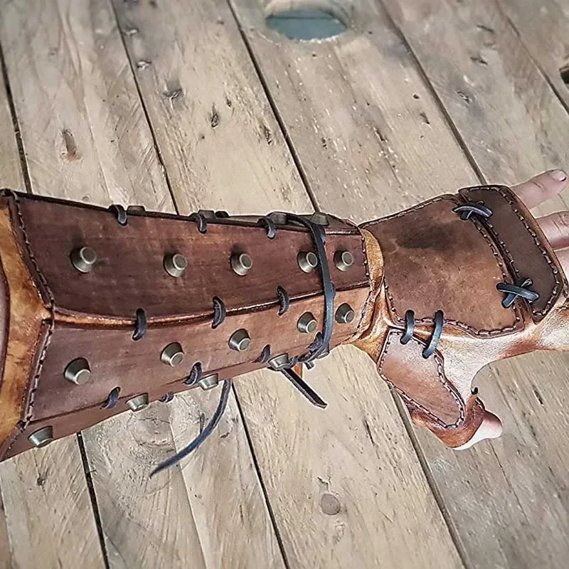 Medieval Steampunk Samurai Leather Bracer Long Glove Gauntlet Viking Pirate Knight Cosplay Accessory Arm Armor Cuff For Men Larp