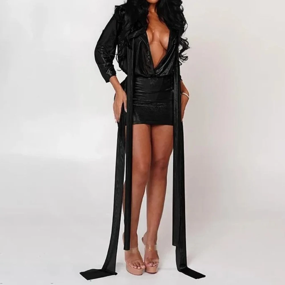 Gilding 2 Piece Set Ribbons Lace Up Deep V Neck Long Sleeve Shirts Top + Bodycon Mini Skirts Women Shiny Party Clubwear Suits