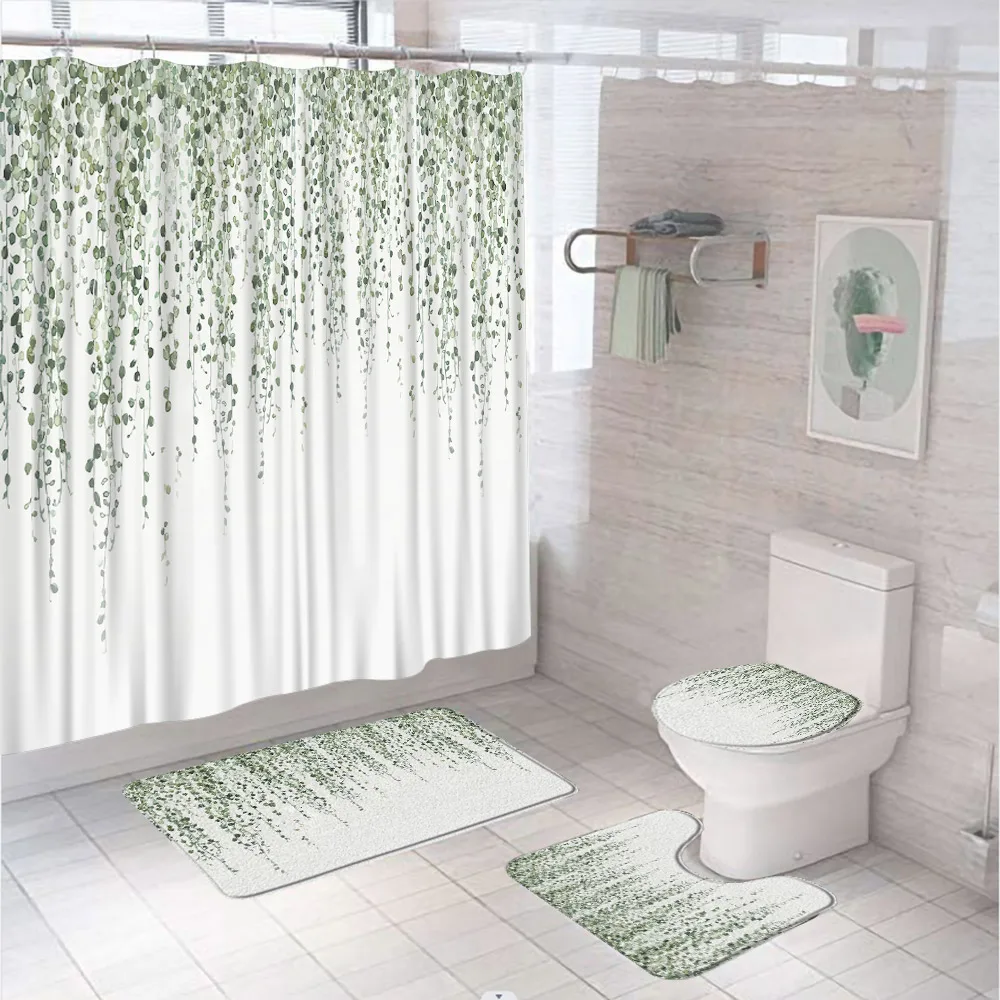 

Eucalyptus Leaves Shower Curtain Sets 4Pcs Tropical Green Plant Pineapple Bathroom Curtains Non-Slip Rug Bath Mat Toilet Covers