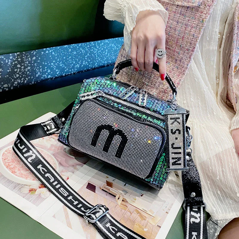 

Шикарная универсальная сумка через плечо со встроенными бриллиантами, женская повседневная простая сумка с блестками, мягкая кожаная сумка на одно плечо