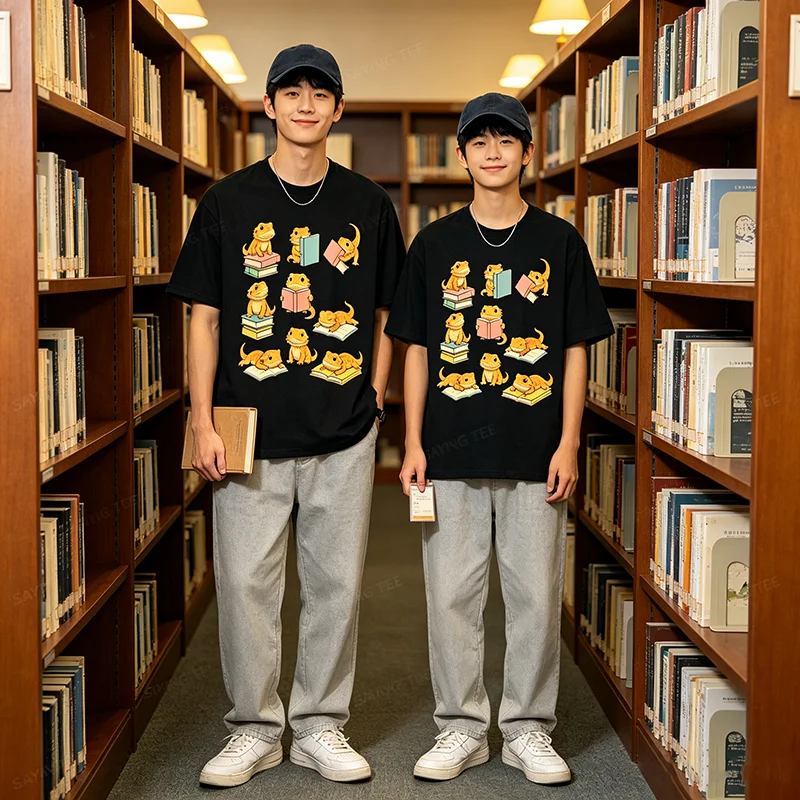 Lustiges T-Shirt mit bärtigen Drachen, die Bücher lesen, Y2k Back To School Reader Graphic Apparel, T-Shirts für den ersten Schultag, für Schüler und Lehrer – Detail 3