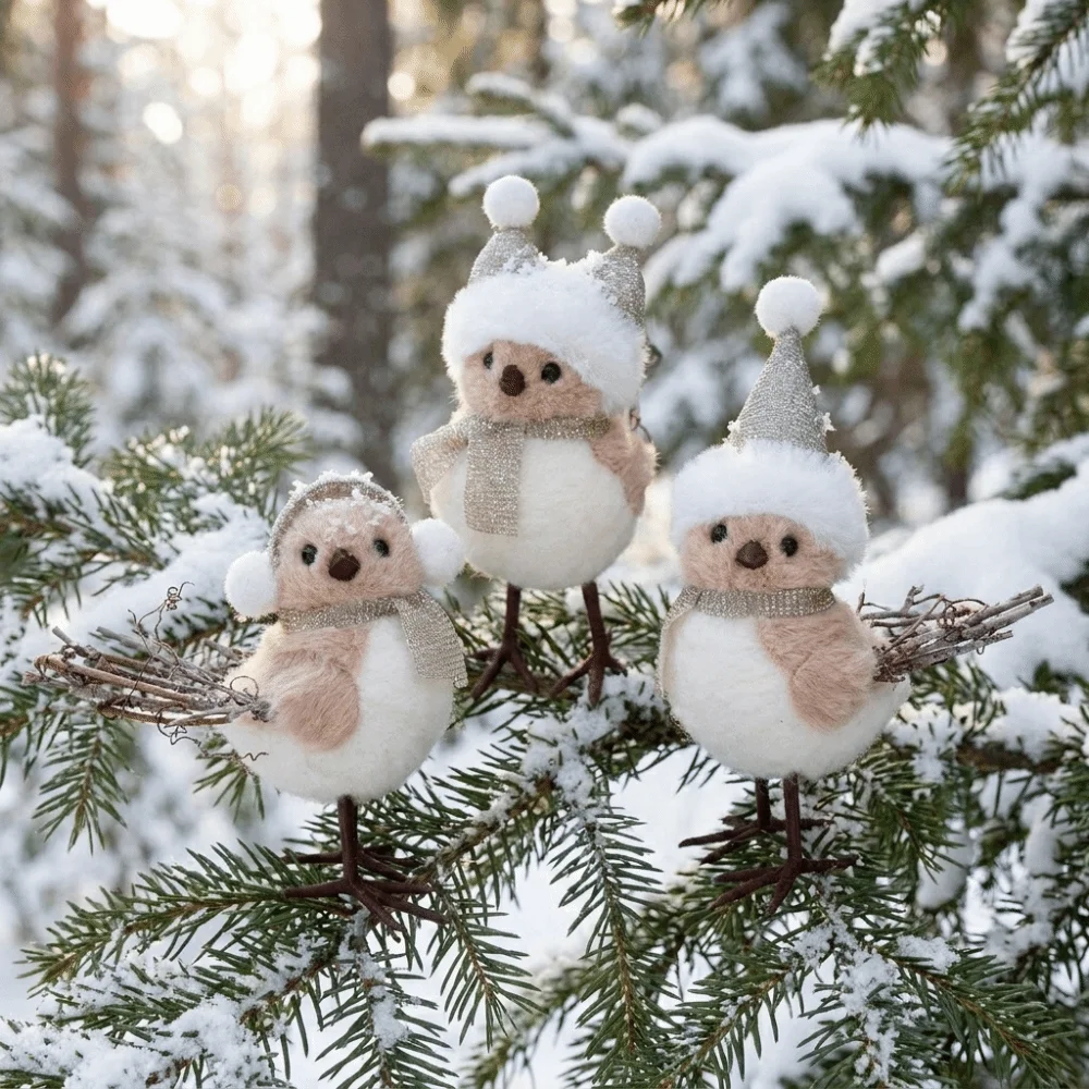 1pc Artificial Foam Christmas Tree Decorations Knitted Hat And Scarf Fixed Iron Wires Feet Bird Statues Lightweight Multicolor