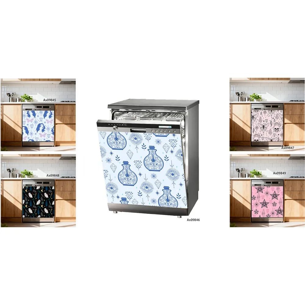 Gothic Skull Black Cat Seamless Pattern Dishwasher Door Sticker Dark Art Decor Cover for Washing Machine Flat Cabinet Surface