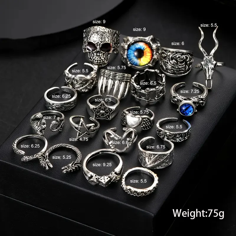20Pcs/Set Retro Punk Gothic Rings for Women Men Silver Color Heart Evil Eyes Skull Snake Pentagram Rings Set Trendy Jewelry Gift