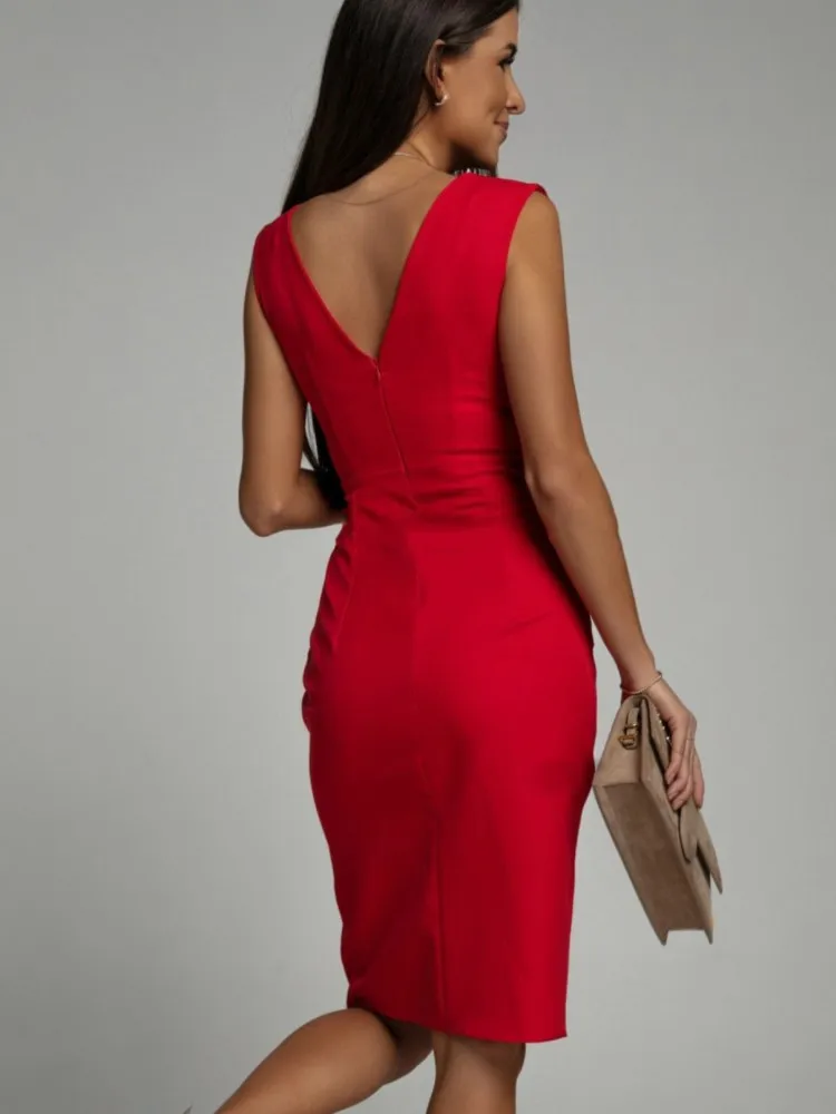 Zomer Elegante Vrouwen Sexy Casual Mouwloze Kantoor Mini Jurk Mode Effen Kleur V-hals Hoge Taille Strakke Zijsplit Jurken