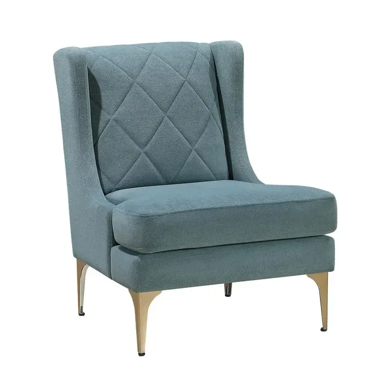 Modern Luxury Blue Chenille Wingback Accent Chair With Gold Metal Legs Pocket Coils Diamond Stitching Stylish Upholstered Chair