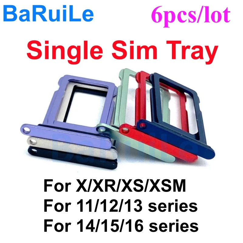 BaRuiLe 6pcs Single Sim Tray Holder for iPhone 16 15 12 13 11 Pro Max  14 Plus 8 Plus X XR XS Sim Card Fix Parts