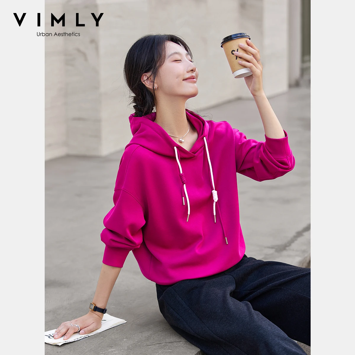 VIMLY Women's Red Hoodies Oversize Sweatshirts Casual Autumn 2025 New Long Sleeve Tops Draw String Knitted Female Sweater A2075