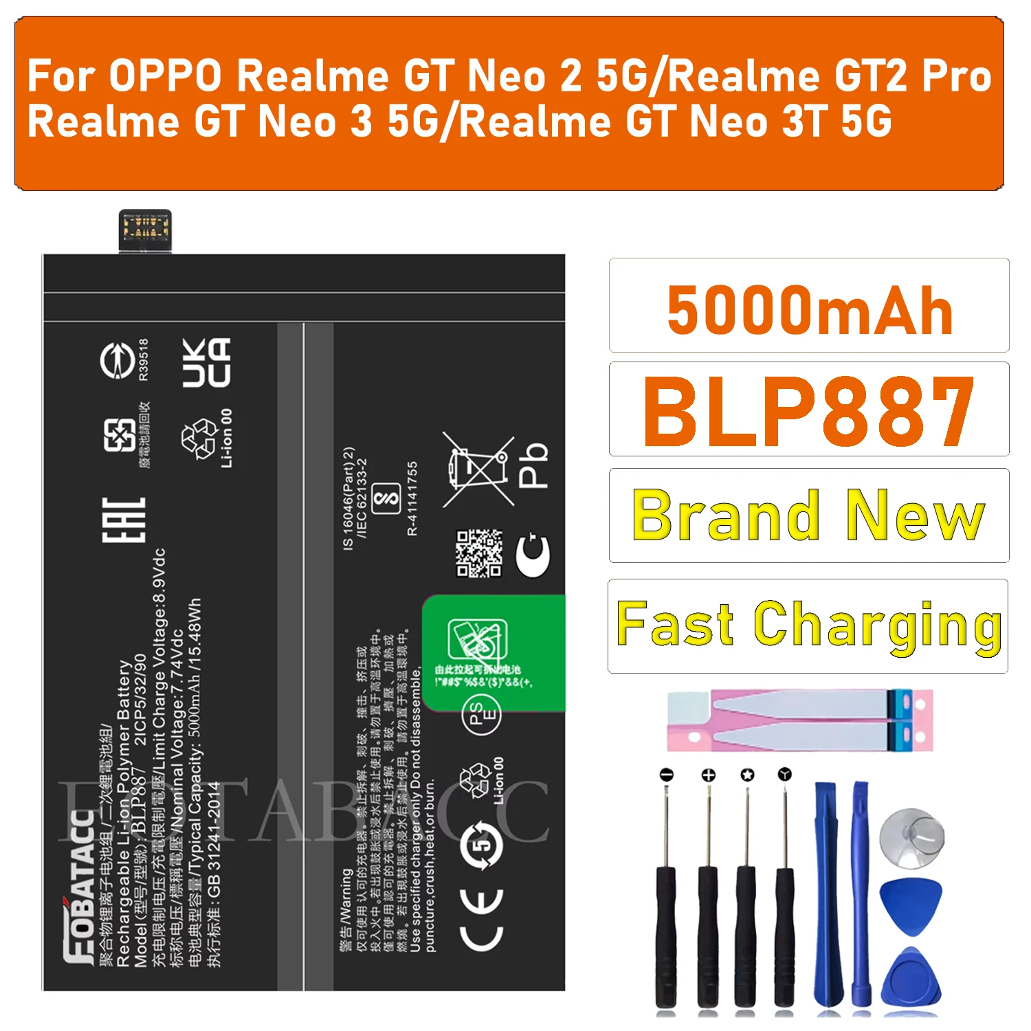 

EOTABACC 100% New Original BLP887 Battery For OPPO Realme GT Neo 2 5G/Realme GT2 Pro /Realme GT Neo 3 5G Battery +Tools