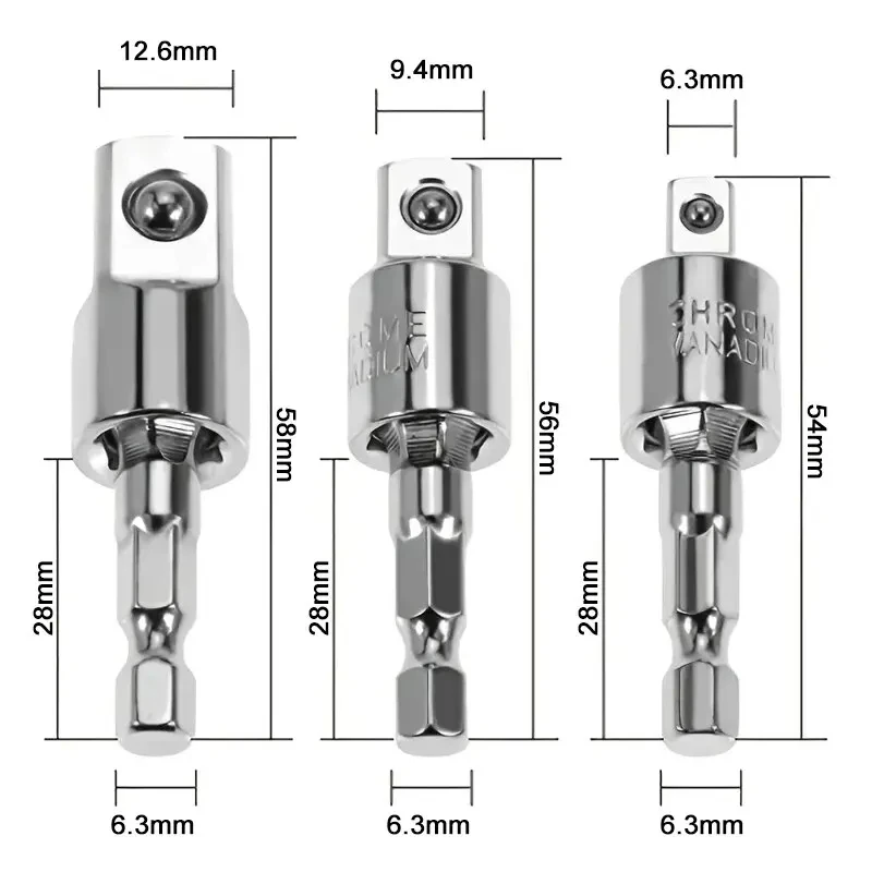 360°electric Drill Air Screwdriver Sleeve Universal Adapter Hexagonal Handle to Square Head Rotary Adapter Connect Rod Tool 3pcs