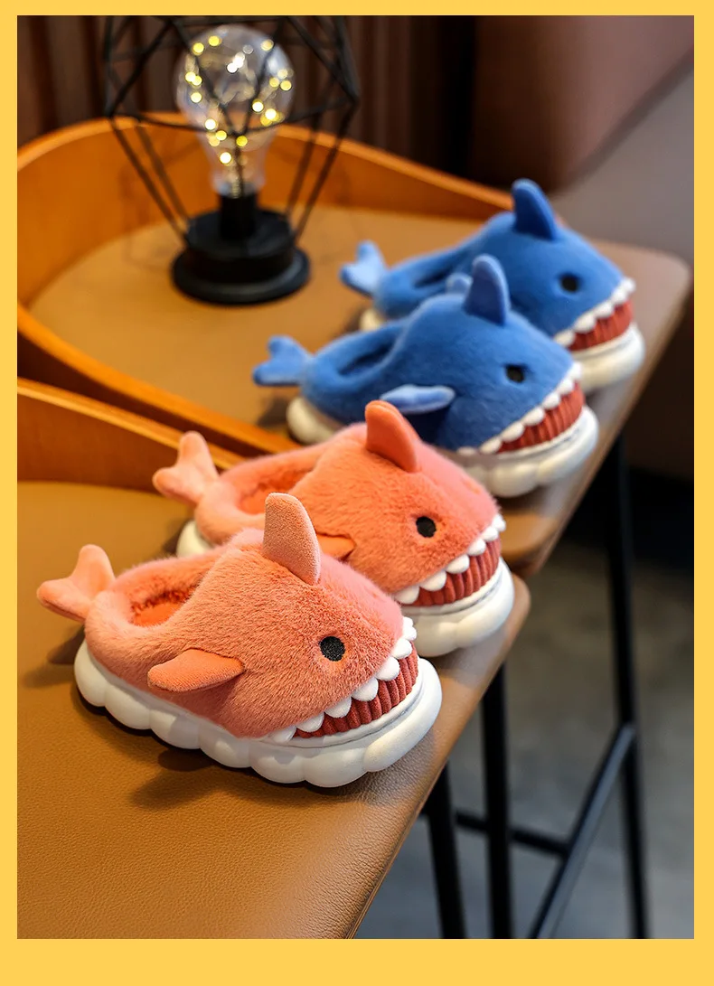 Winter Autumn Cute Cartoon Shark Shaped Fuzzy Slippers Children\'s Non-slip Soft Cotton Slippers Kids Boys Girls Warm Home Shoes