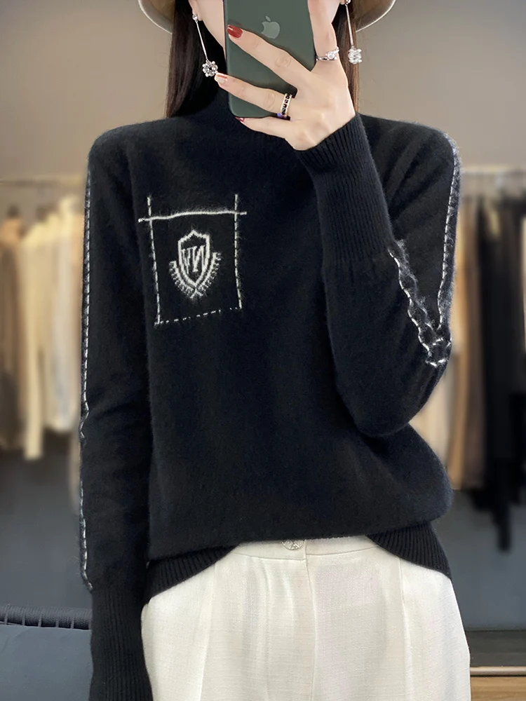 Fashion Autumn Winter Women's 100% Merino Wool Sweater Mock Neck Cashmere Pullover Basis Casual Female Clothing Tops